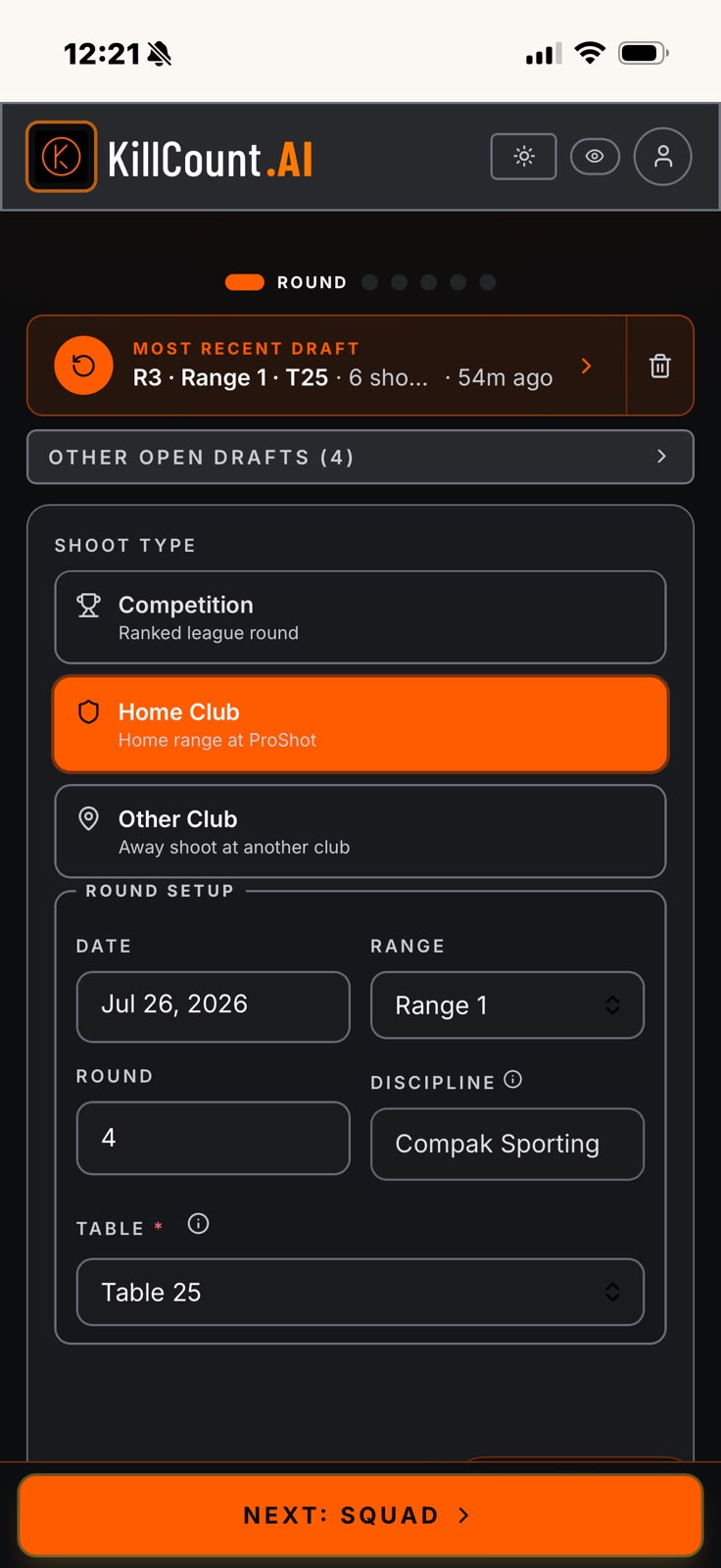 KillCountAI round setup screen with recent draft and shoot type options