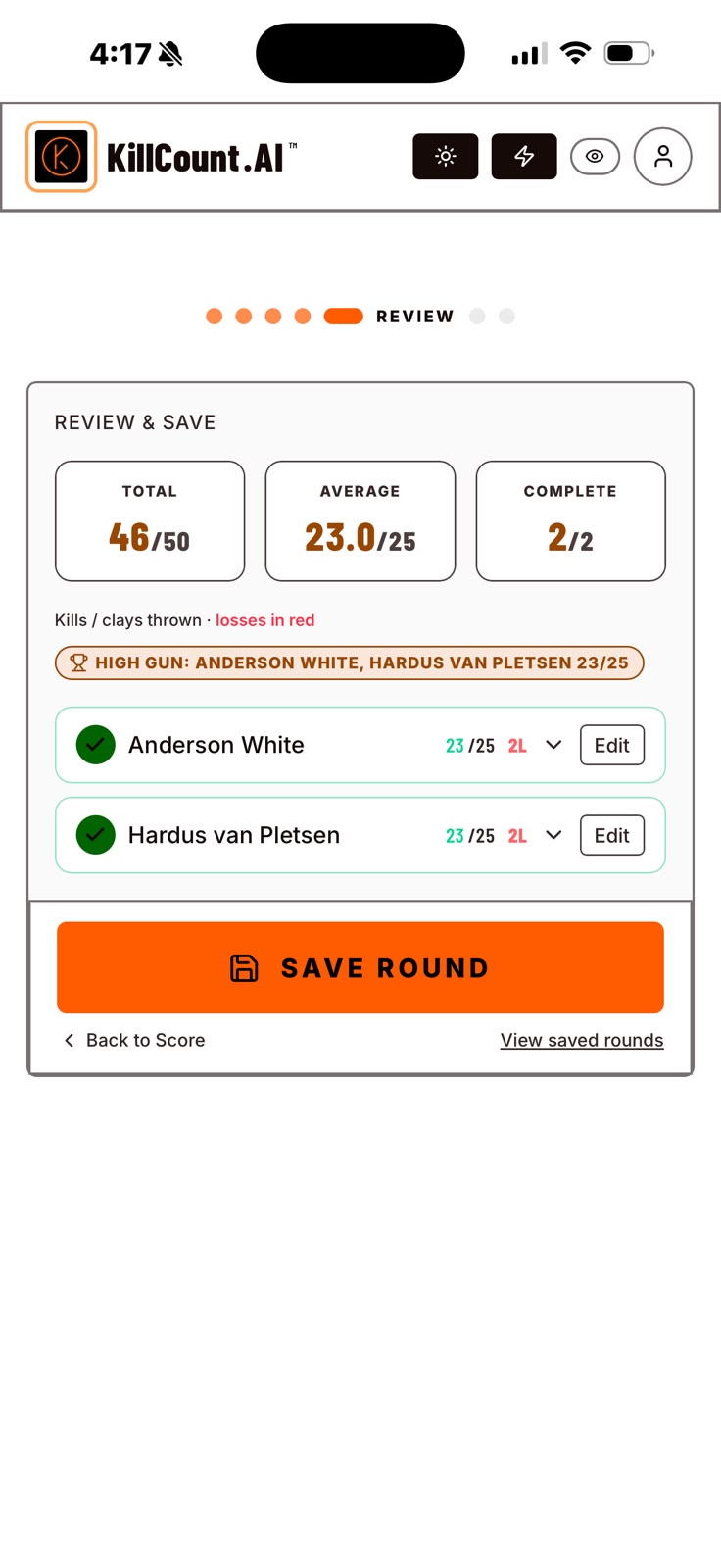 KillCountAI Review & save screen