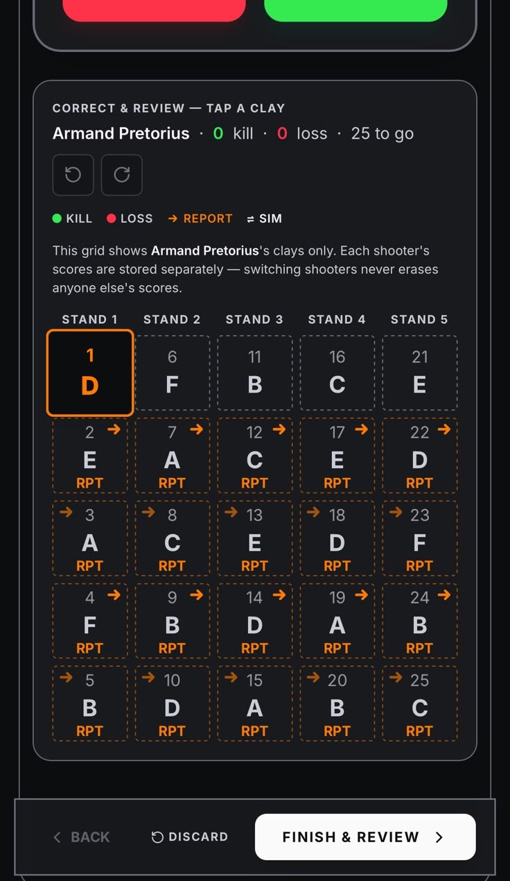 KillCountAI correct and review grid showing 25 clays across 5 stands