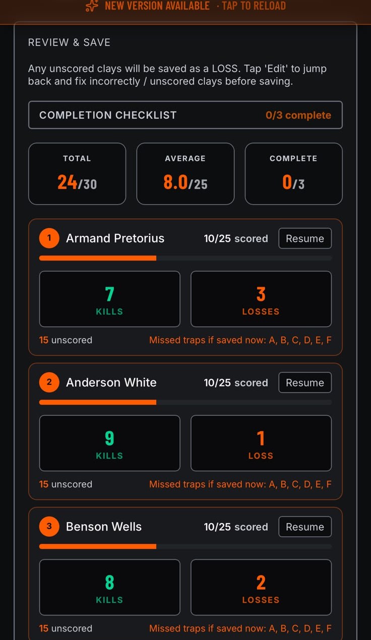 KillCountAI review and save summary with per-shooter kills, losses and completion