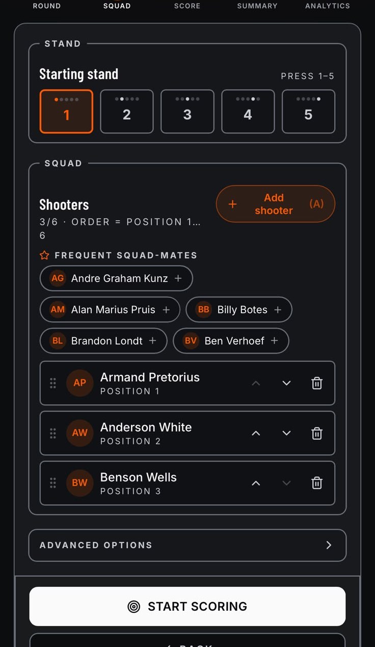 KillCountAI squad builder screen with shooters and starting stand selector