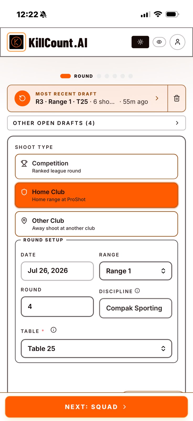 KillCountAI round setup screen in light theme