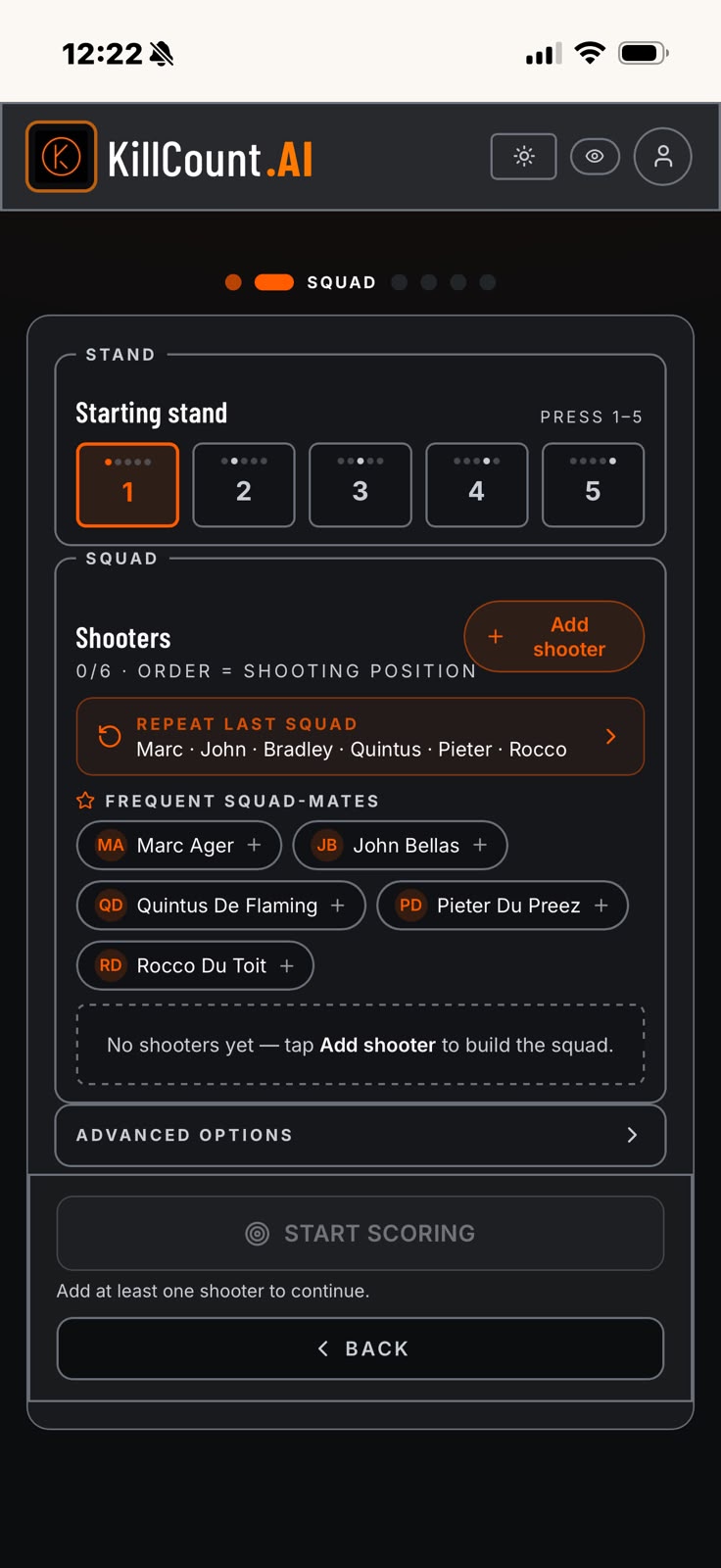KillCountAI squad builder screen with starting stand and frequent squad-mates