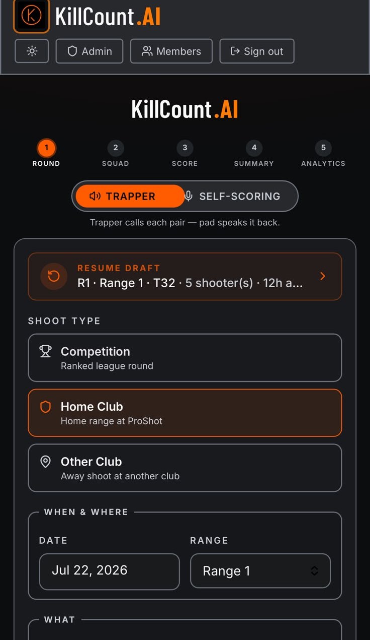 KillCountAI round setup screen with resume draft and shoot type options