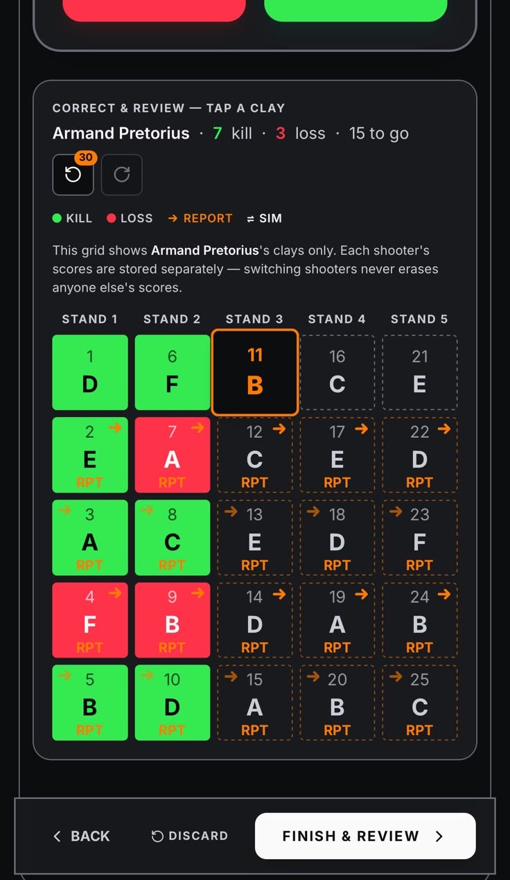 KillCountAI live scoring grid with colored kills and losses across stands